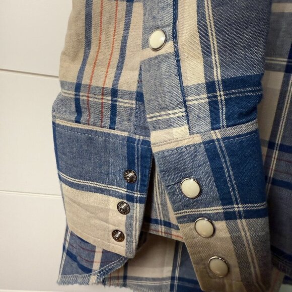 Wrangler Men's Long Sleeve Pearl Snap Blue & Cream Plaid Shirt 18 1/2 x 36 - Picture 4 of 11